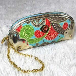 NWOT Mud Pie Premium Gold Scallop Paisley Medallion Cosmetic Case Chain Wristlet
